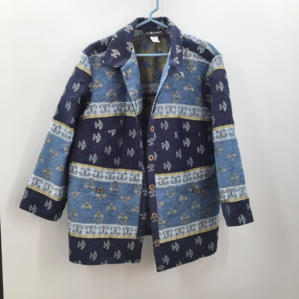 Women's Tapestry Jacket Coat 16W Blue Gold Chenille Brocade Woven Art To Wear - Picture 3 of 10